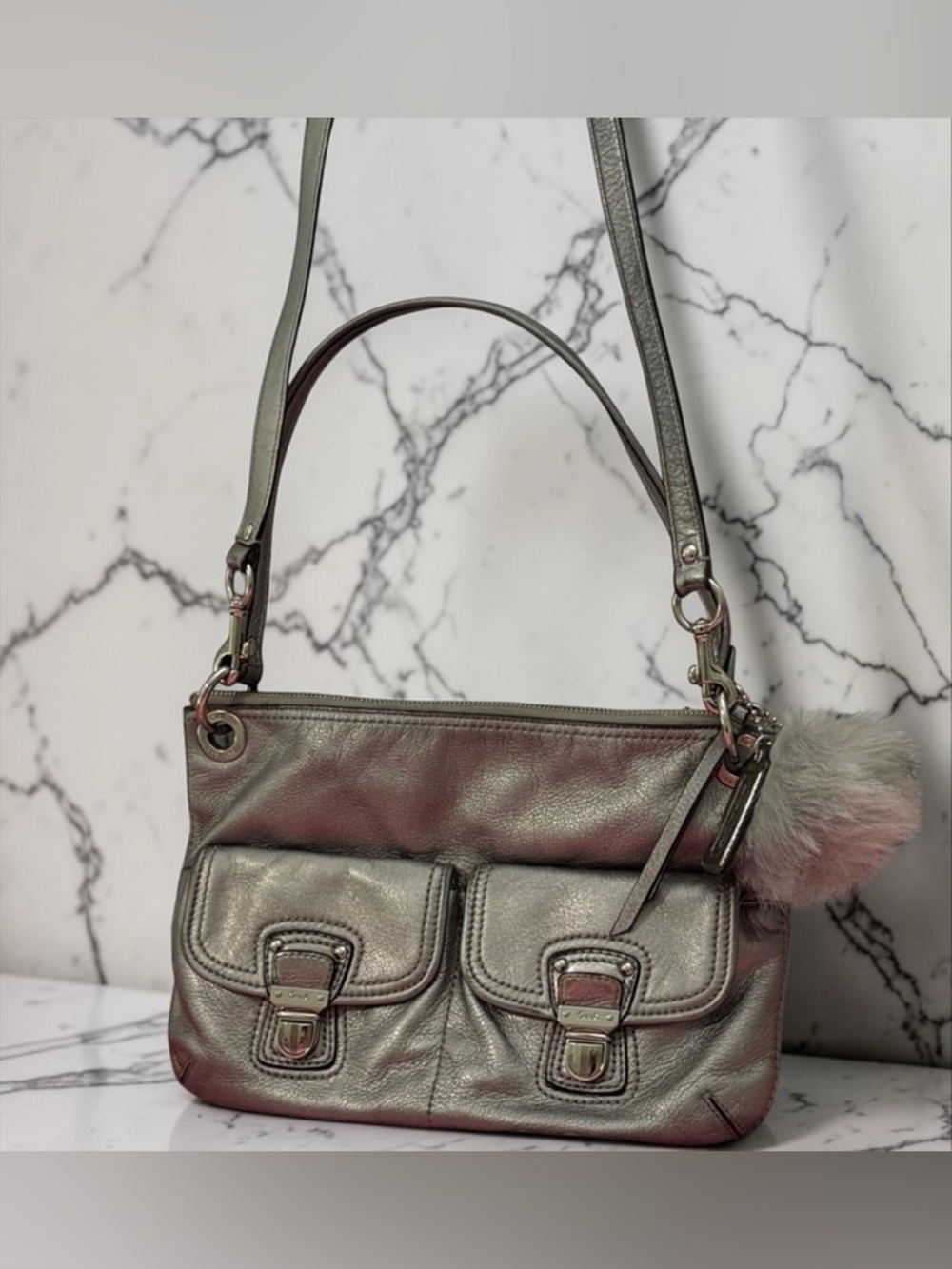Coach Poppy Metallic Silver 2 Way Bag